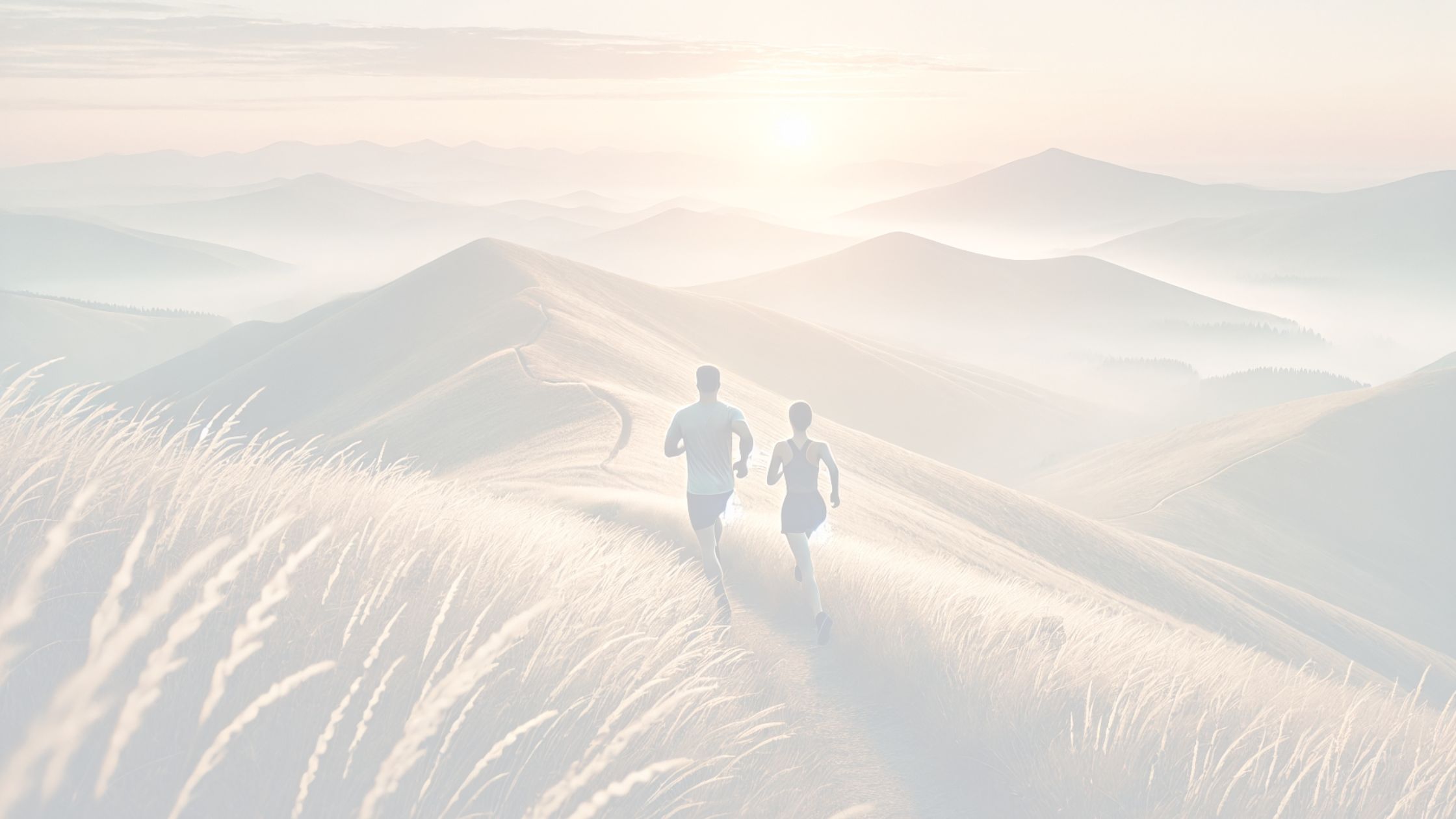 Two people running towards sunrise